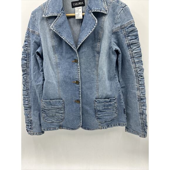 CARAMBA Y2K Fitted Ruched Trim Medium Light Denim Jacket Women’s Size Medium - Picture 3 of 11